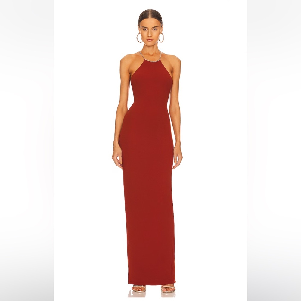 NOOKIE Lexi Chain Gown Formal Dress Gala Bodycon Sexy Low Back Maxi Slit RUST Sm